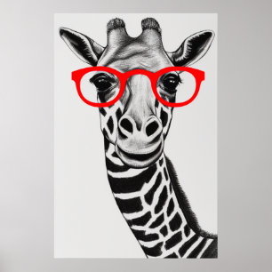 Cute Giraffe in Red Glasses Drawing Illustration Poster