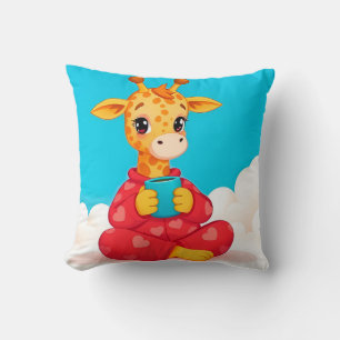 Cute Giraffe in Red Pyjamas Holding Mug Cushion