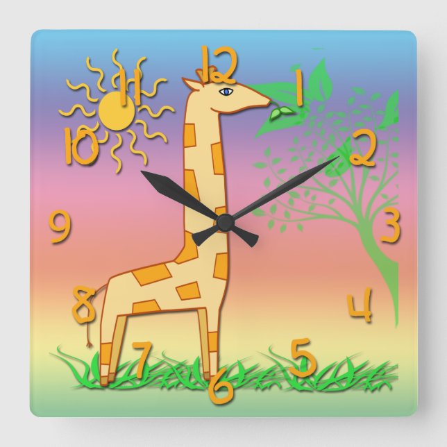 Cute Giraffe Kid's Square Wall Clock (Front)