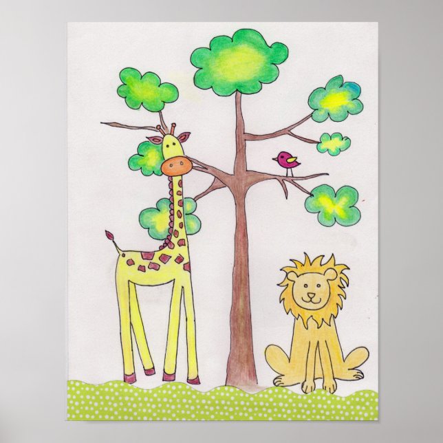 Cute giraffe lion illustration nursery art poster (Front)
