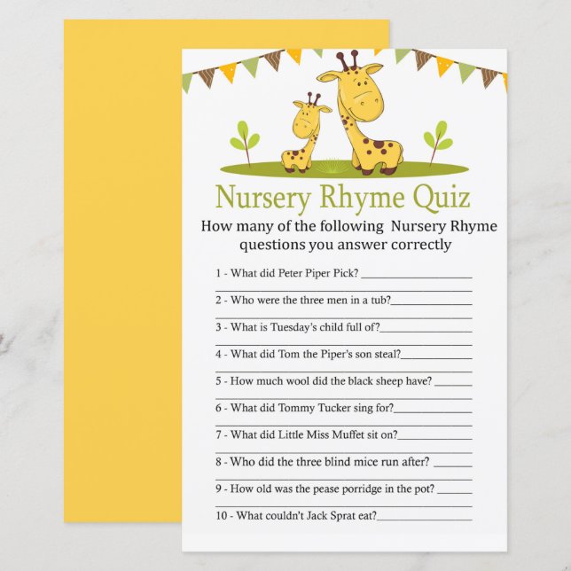 Cute giraffe Nursery Rhyme Quiz baby shower game (Front/Back)