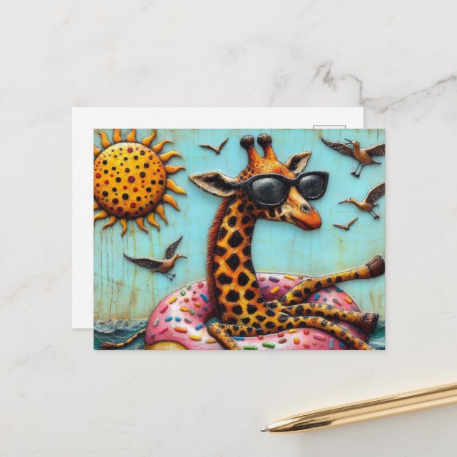 Cute Giraffe on Doughnut Floatation Device Birds F Postcard (Front/Back In Situ)