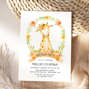 Cute Giraffe Orange Watercolor Floral Birthday Invitation