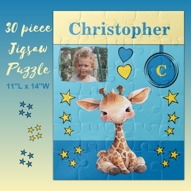 Cute giraffe photo name blue yellow kids jigsaw puzzle (Creator Uploaded)