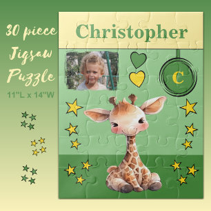 Cute giraffe photo name green yellow kids jigsaw puzzle