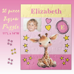 Cute giraffe photo name pink yellow kids jigsaw puzzle