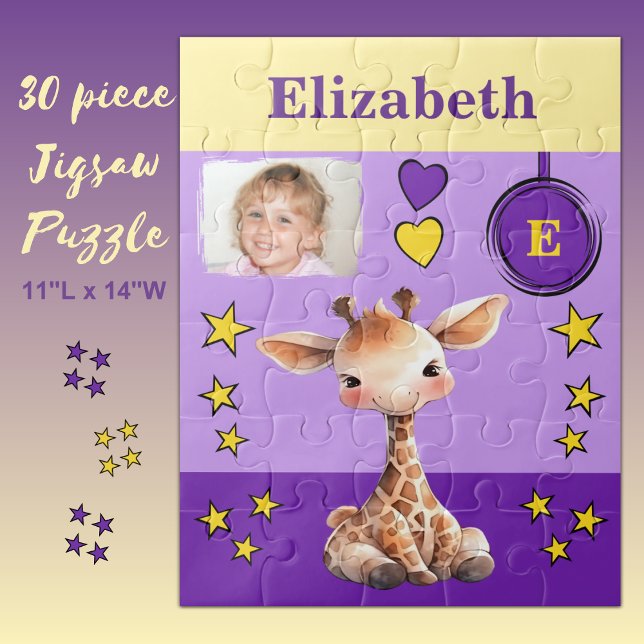 Cute giraffe photo name purple yellow kids jigsaw puzzle (Creator Uploaded)
