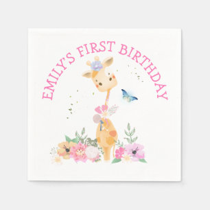Cute Giraffe Pink Flowers Girls 1st Birthday Party Napkin