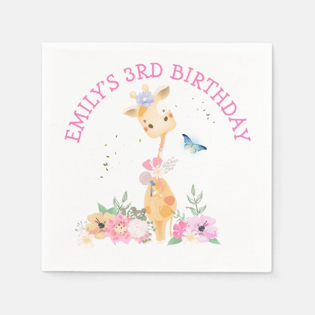 Cute Giraffe Pink Flowers Girls 3rd Birthday Party Napkin (Front)