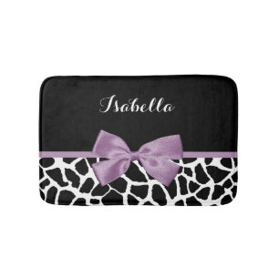 Cute Giraffe Print Lavender Purple Bow With Name Bath Mat