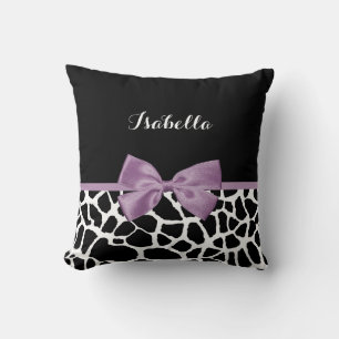 Cute Giraffe Print Lavender Purple Bow With Name Cushion
