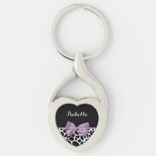 Cute Giraffe Print Lavender Purple Bow With Name Key Ring