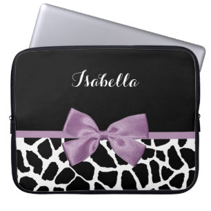 Cute Giraffe Print Lavender Purple Bow With Name Laptop Sleeve