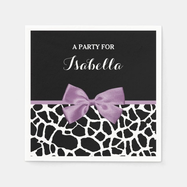 Cute Giraffe Print Lavender Purple Bow With Name Napkin (Front)