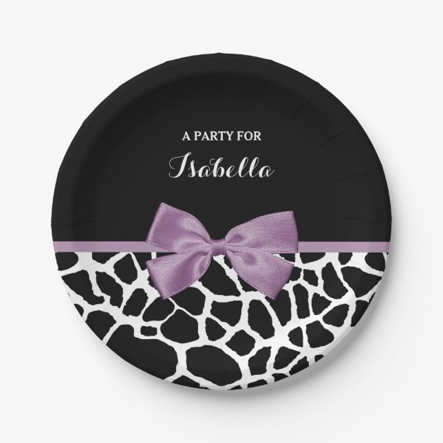 Cute Giraffe Print Lavender Purple Bow With Name Paper Plate (Front)