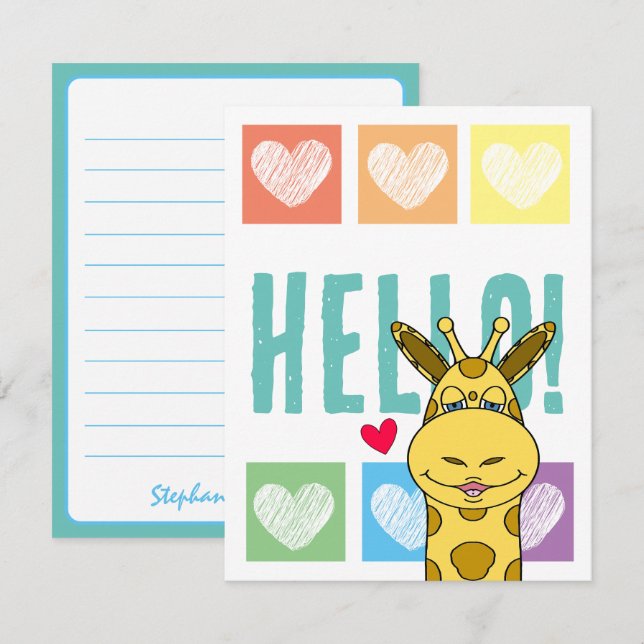 Cute Giraffe Rainbow With Hearts Hello Card (Front/Back)