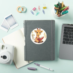 Cute Giraffe Reading Book With Leaves Illustration