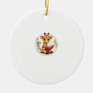 Cute Giraffe Reading Book With Leaves Illustration Ceramic Ornament