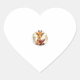 Cute Giraffe Reading Book With Leaves Illustration Heart Sticker