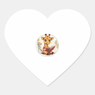 Cute Giraffe Reading Book With Leaves Illustration Heart Sticker