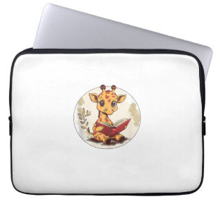 Cute Giraffe Reading Book With Leaves Illustration Laptop Sleeve