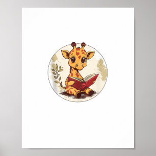 Cute Giraffe Reading Book With Leaves Illustration Poster