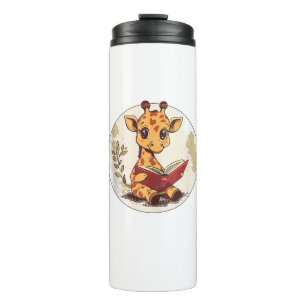Cute Giraffe Reading Book With Leaves Illustration Thermal Tumbler