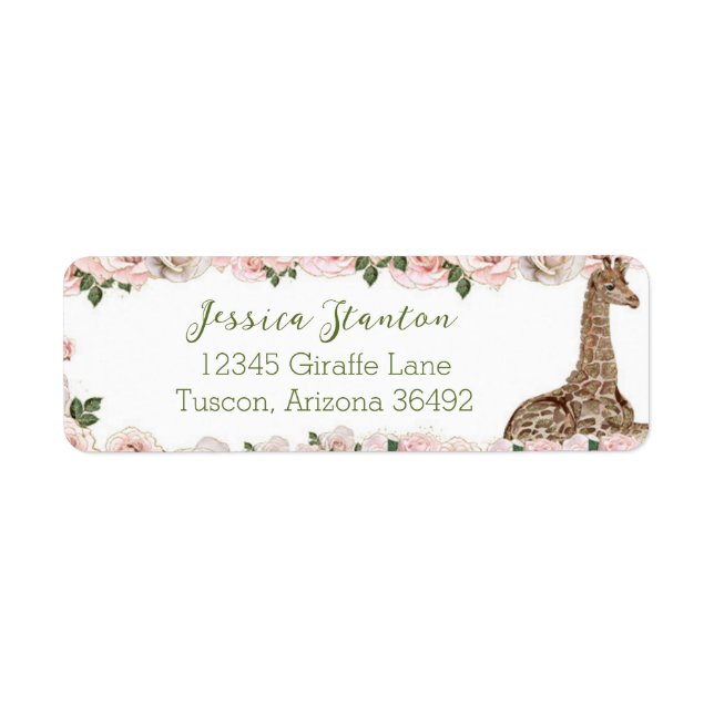 Cute Giraffe Rose Baby Shower Return Address Label (Front)