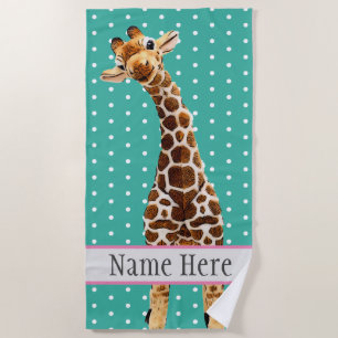 Cute Giraffe Safari Animal Jungle Wild Name Teal Beach Towel