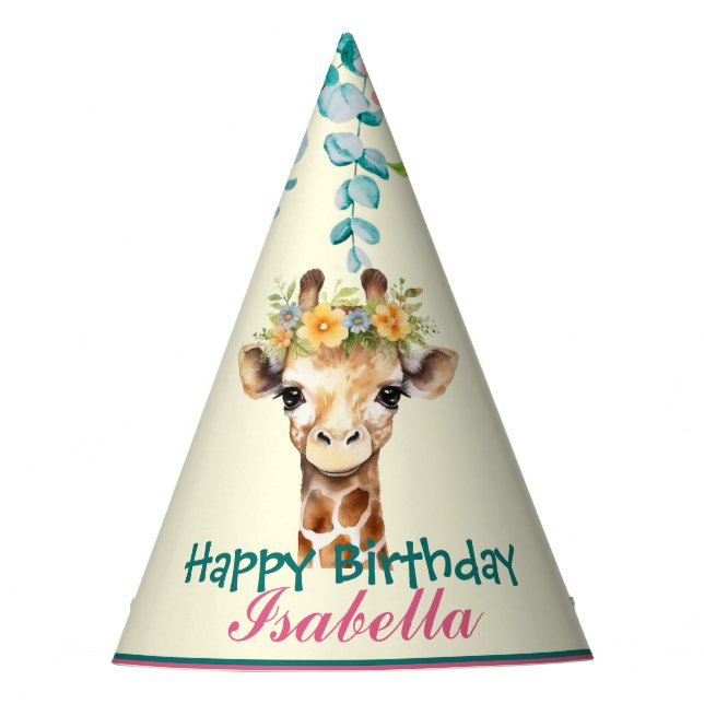 cute Giraffe safari animals jungle Flower Birthday Party Hat (Front)