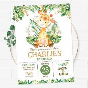 Cute Giraffe Safari Jungle Party 1st Birthday  Invitation