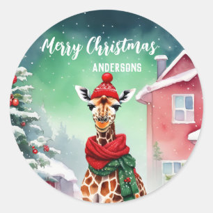 Cute Giraffe safari Santa Christmas birthday party Classic Round Sticker