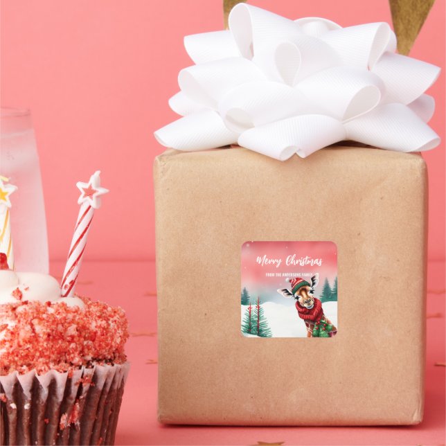 Cute Giraffe safari zoo Santa Christmas party kids Square Sticker (Party)