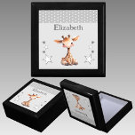 Cute giraffe stars add name grey keepsake gift box<br><div class="desc">Keepsake Gift Box for children.
Personalise with a name.
Featuring a cute giraffe,  polka dots and stars with the colours grey and white.</div>