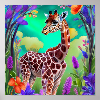 Cute Giraffe Surrounded by Flowers Poster