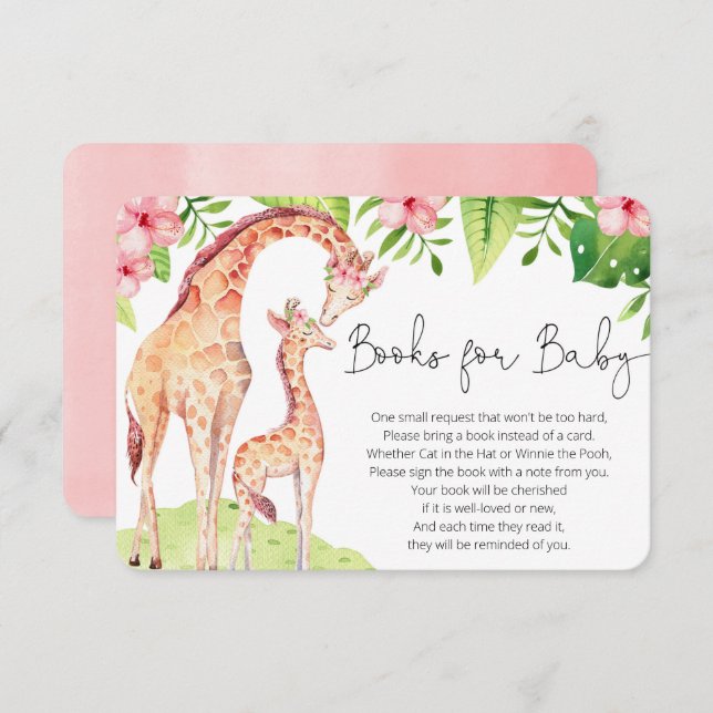 Cute giraffe tropical pink greenery books for baby enclosure card (Front/Back)