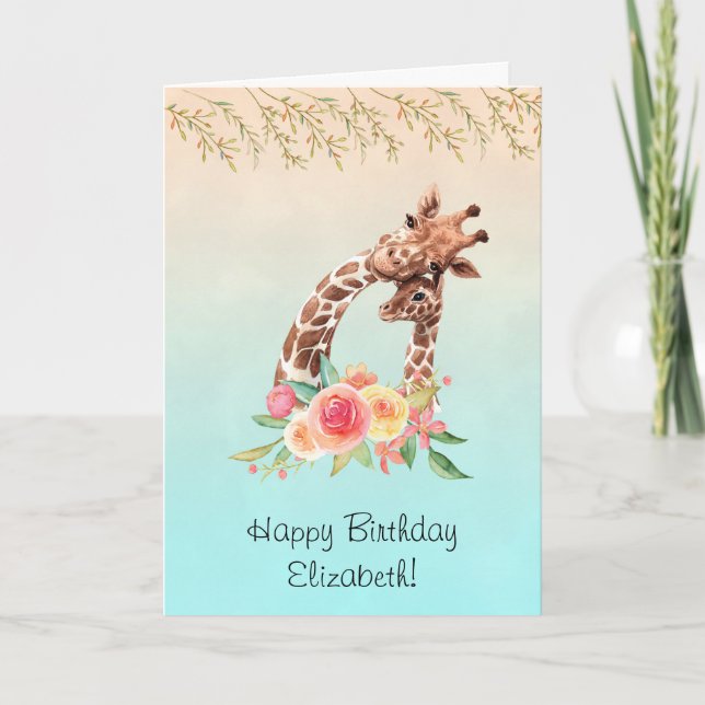 Cute Giraffe Watercolor Mom & Baby Birthday Card (Front)