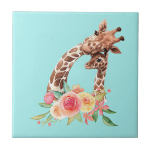Cute Giraffe Watercolor Mom & Baby Ceramic Tile