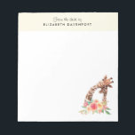 Cute Giraffe Watercolor Mom & Baby Notepad<br><div class="desc">A notepad with a cute drawing in watercolors of a mom and baby giraffe. The mother giraffe is resting her head on top of the baby giraffe, loving and adorable. Pretty pink, yellow, green watercolor flower bouquet placed underneath this darling pair. A light yellow border along the top with your...</div>
