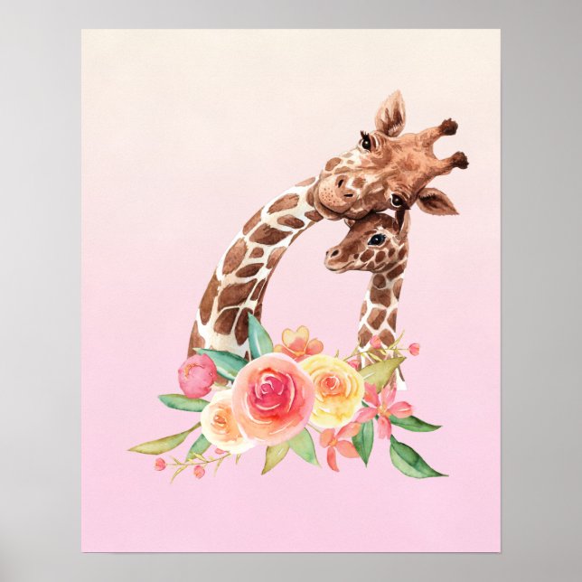 Cute Giraffe Watercolor Mom & Baby Poster (Front)