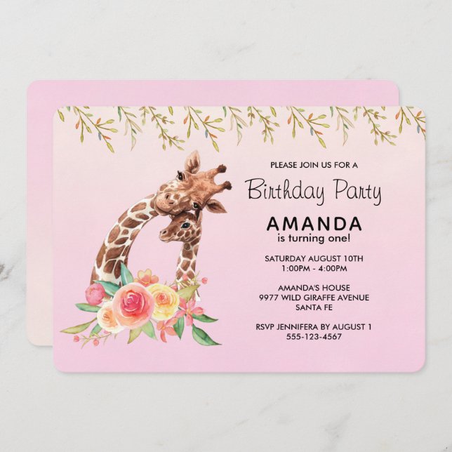 Cute Giraffe Watercolor Mum & Baby Birthday Invitation (Front/Back)