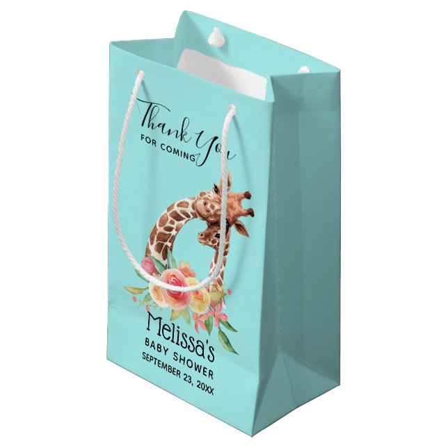 Cute Giraffe Watercolor Mum & Baby Boy Thank You Small Gift Bag (Front Angled)