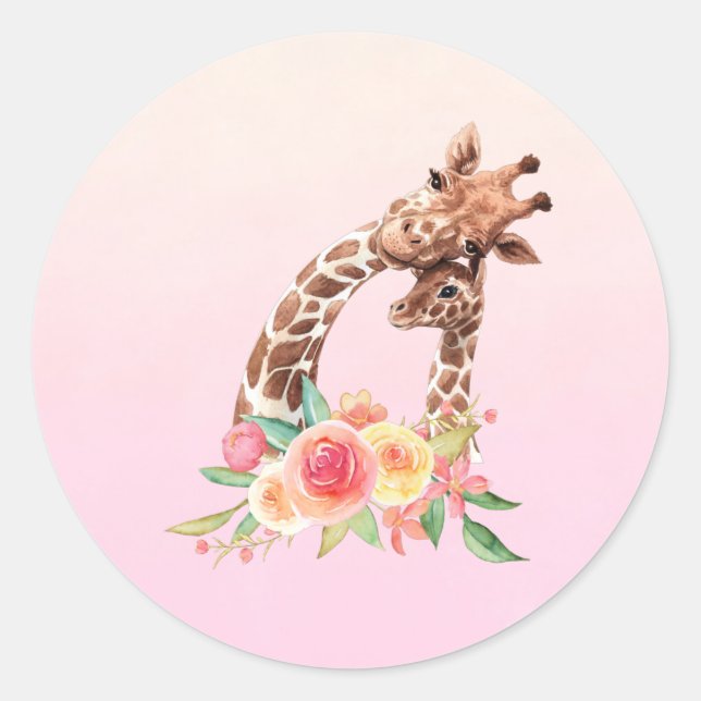 Cute Giraffe Watercolor Mum & Baby Classic Round Sticker (Front)