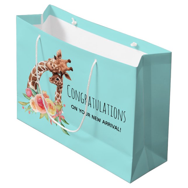 Cute Giraffe Watercolor Mum & Baby Congratulations Large Gift Bag (Front Angled)
