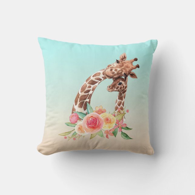 Cute Giraffe Watercolor Mum & Baby Cushion (Front)