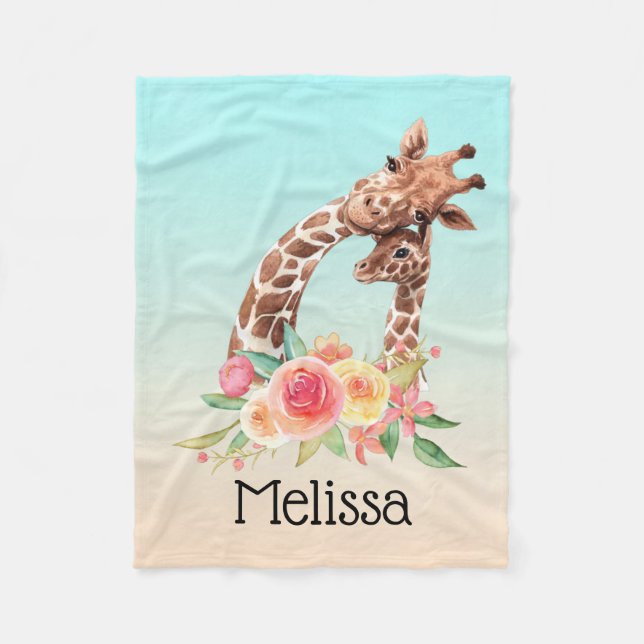 Cute Giraffe Watercolor Mum & Baby Fleece Blanket (Front)