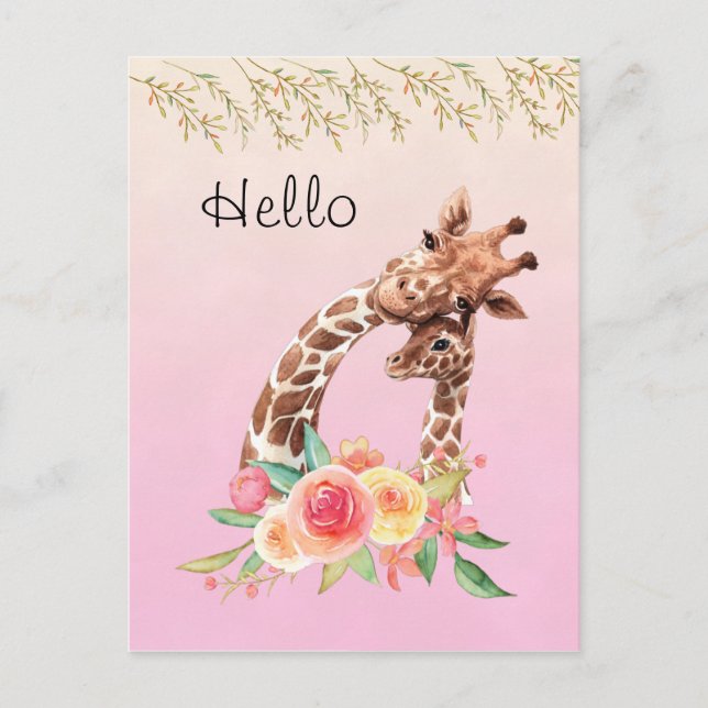 Cute Giraffe Watercolor Mum & Baby Hello Postcard (Front)