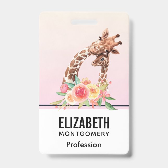 Cute Giraffe Watercolor Mum & Baby ID Badge (Front)