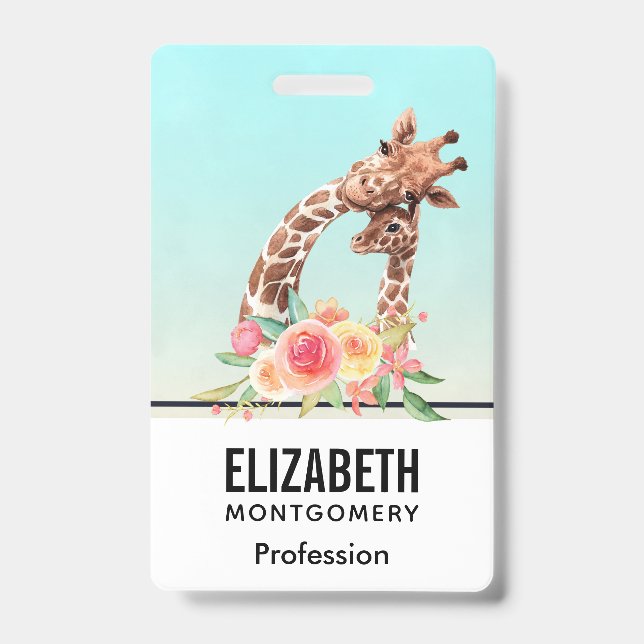 Cute Giraffe Watercolor Mum & Baby ID Badge (Front)