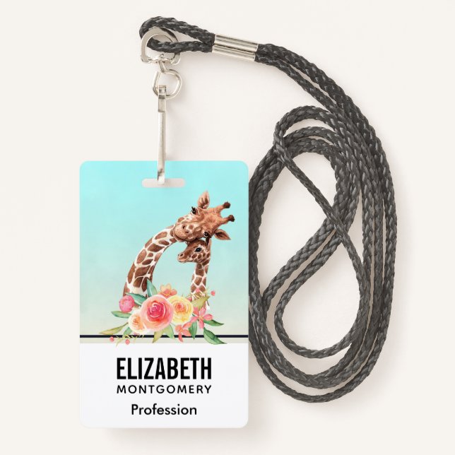 Cute Giraffe Watercolor Mum & Baby ID Badge (Front with Lanyard)